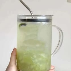 ribbed glass tumbler with lid and straw for iced coffee and juice