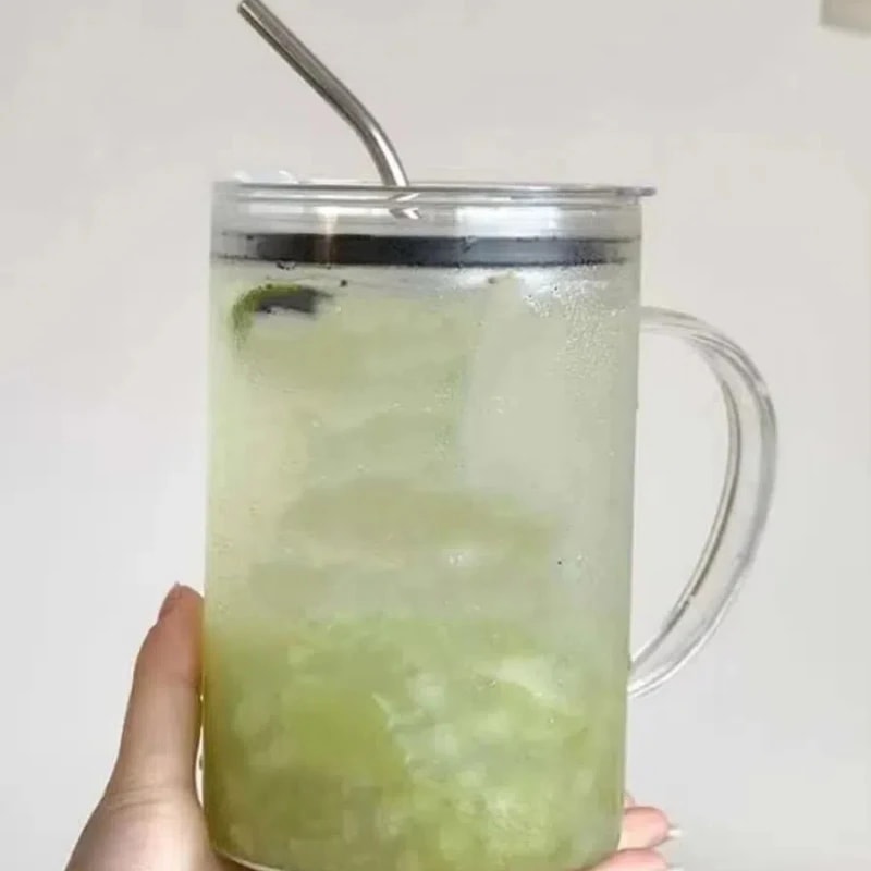 Ribbed Glass Tumbler With Lid And Straw For Iced Coffee And Juice 0