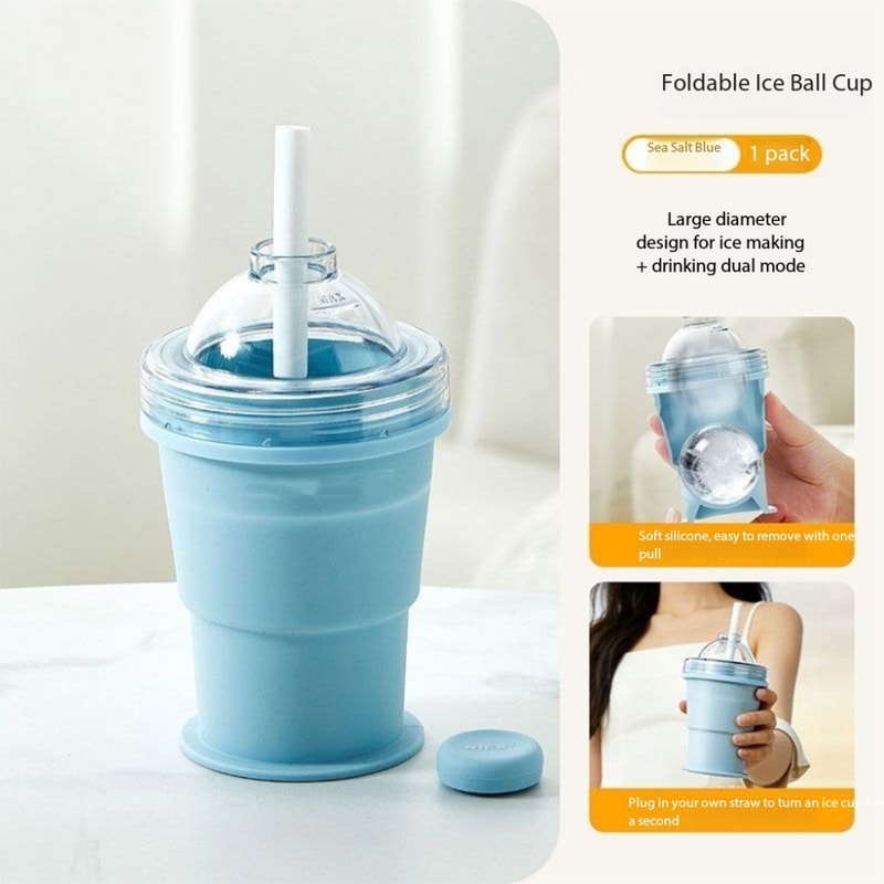 Silicone Folding Cup with Straw Portable Ice Cup for Travel and Outdoors