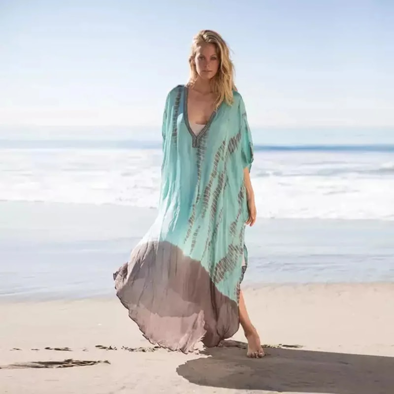 Tie Dye Chiffon Beach Cover Up For Women Maxi Swimsuit Cover Up Dress 4