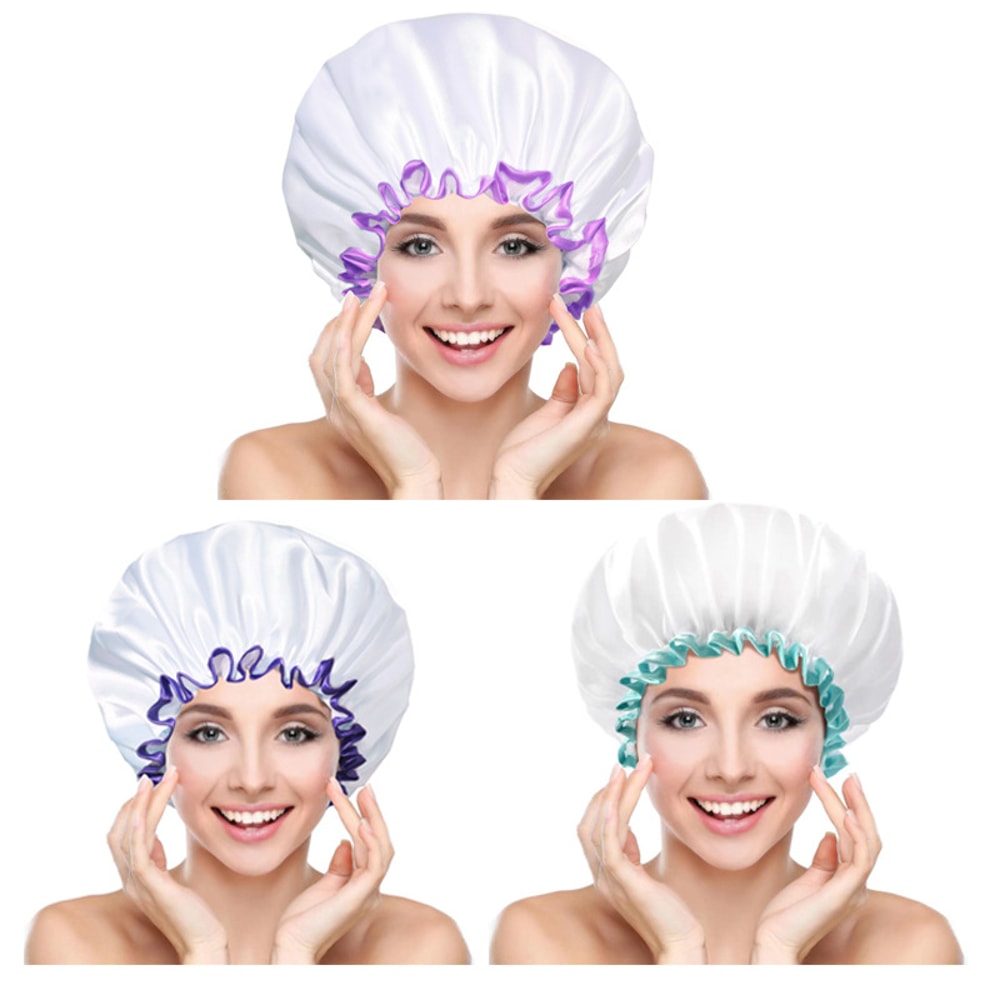 Satin Shower Cap For Women Double Layer Waterproof Bath Cap For Long Hair 1