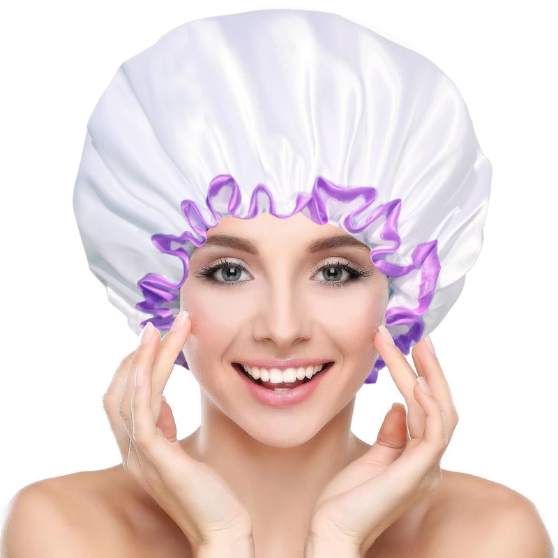 Satin Shower Cap For Women Double Layer Waterproof Bath Cap For Long Hair 3