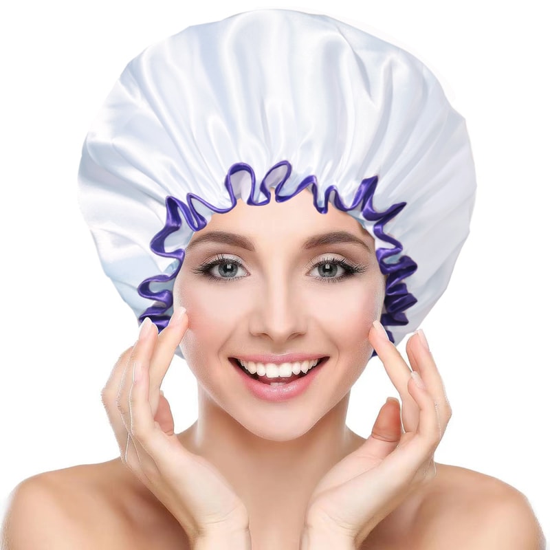 Satin Shower Cap For Women Double Layer Waterproof Bath Cap For Long Hair 5