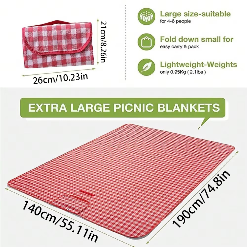 Portable Waterproof Picnic Blanket Foldable Beach Mat With Handle Red Checkered 2