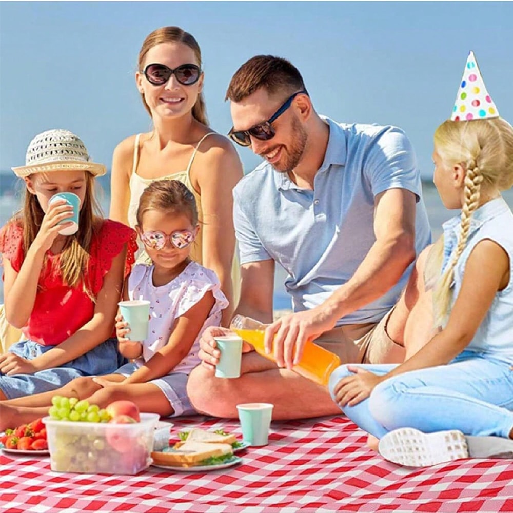 Portable Waterproof Picnic Blanket Foldable Beach Mat With Handle Red Checkered 0