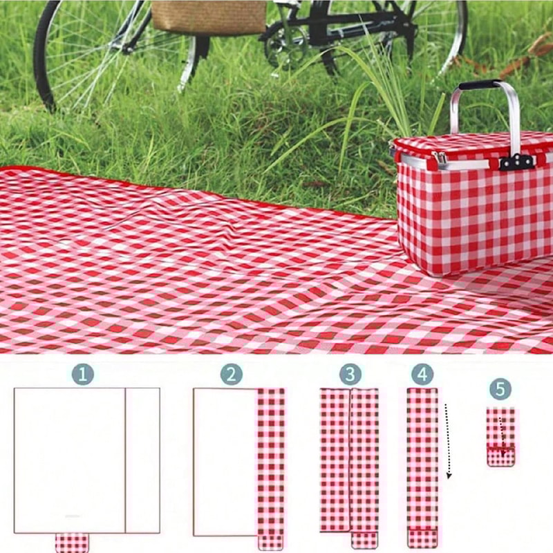 Portable Waterproof Picnic Blanket Foldable Beach Mat With Handle Red Checkered 1