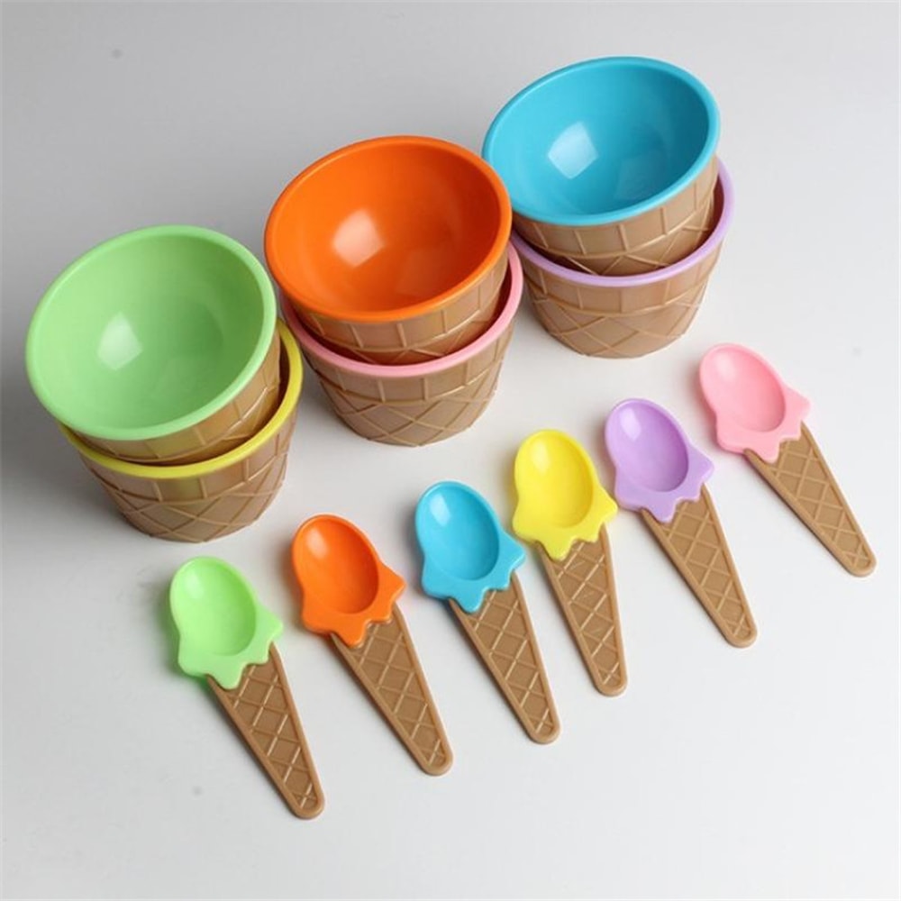Reusable Cone Shaped Kids Ice Cream Bowl and Spoon Set for Parties and DIY Desserts