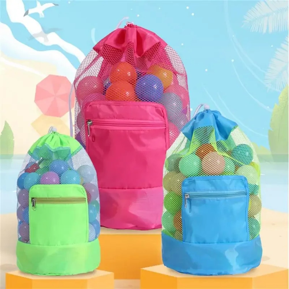 Foldable Mesh Beach Toy Bag And Sand Free Drawstring Backpack For Family Travel 3