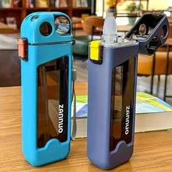 leakproof square sports water bottle with lockable lid and time markers