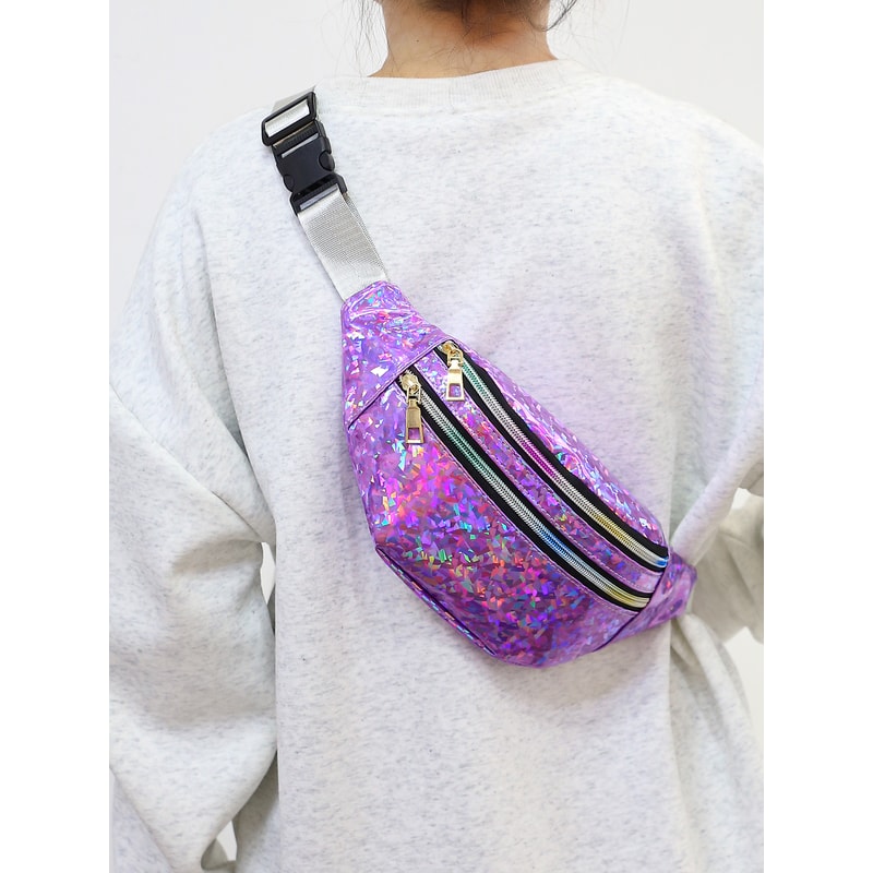 Holographic Geometric Fanny Pack Stylish Reflective Waist Bag For Festivals And Travel 0