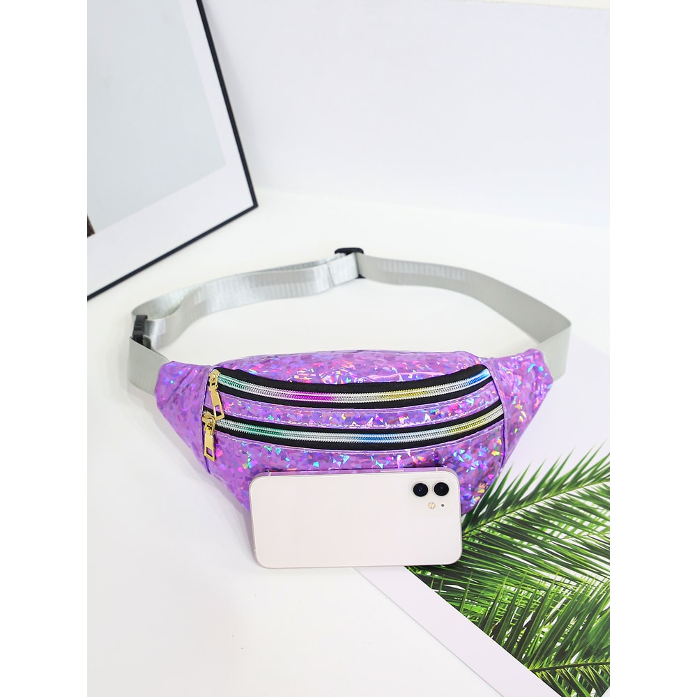 Holographic Geometric Fanny Pack Stylish Reflective Waist Bag For Festivals And Travel 2