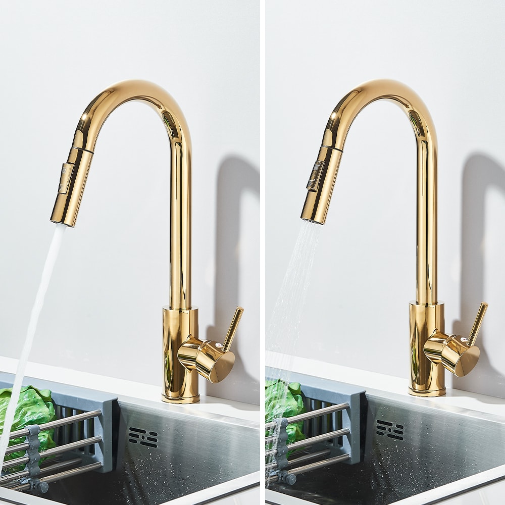Luxury Gold Kitchen Sink Faucet With Pull Out Sprayer Single Handle Deck Mounted Kitchen Faucet 1