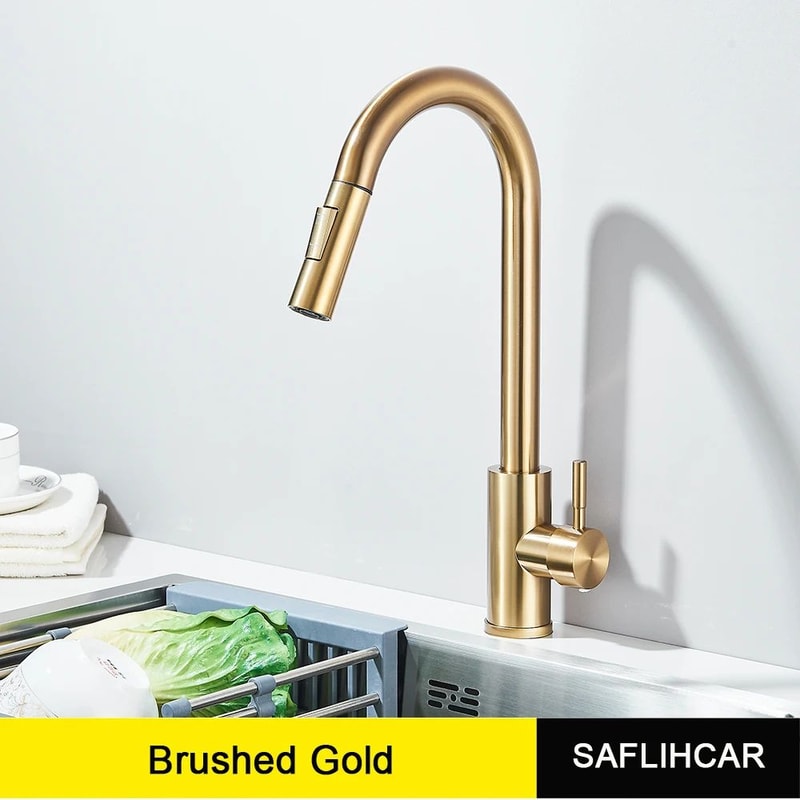 Luxury Gold Kitchen Sink Faucet With Pull Out Sprayer Single Handle Deck Mounted Kitchen Faucet 5