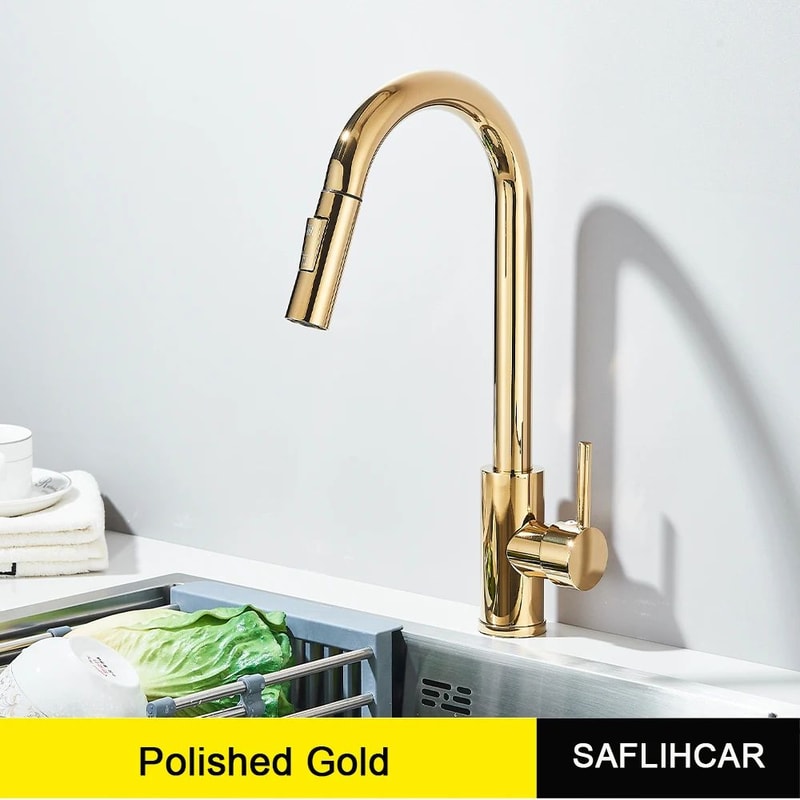 Luxury Gold Kitchen Sink Faucet With Pull Out Sprayer Single Handle Deck Mounted Kitchen Faucet 9