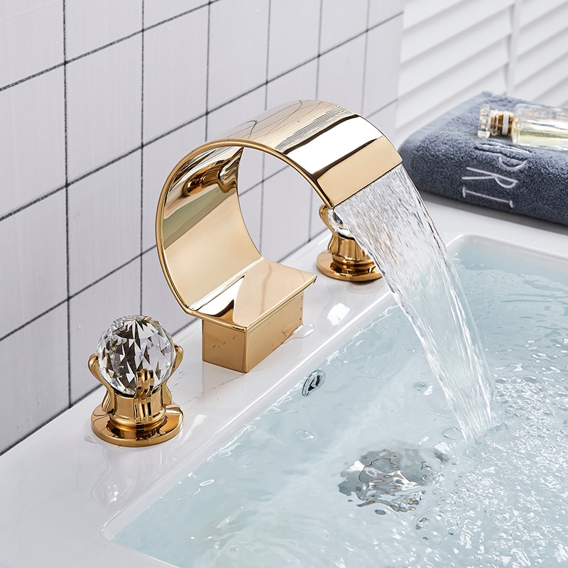 Luxury Gold Waterfall Bathroom Faucet With Crystal Knobs For Hole Sink 3