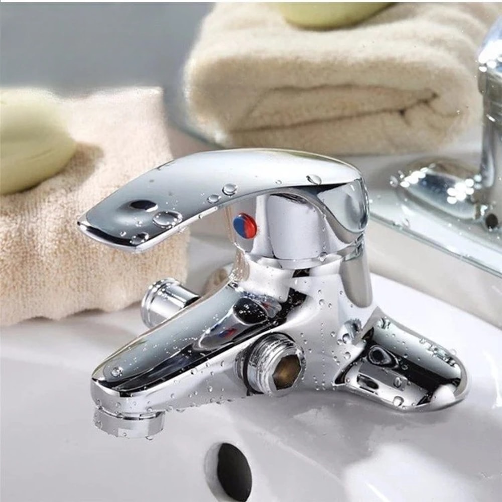 Modern Chrome Bathroom Sink Faucet Deck Mounted Hot and Cold Washbasin Mixer Tap