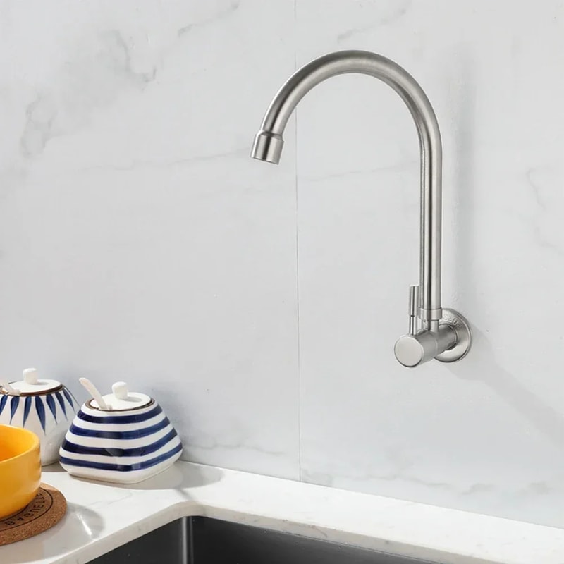 Stainless Steel Wall Mounted Kitchen Faucet Single Cold Rotating Tap 2