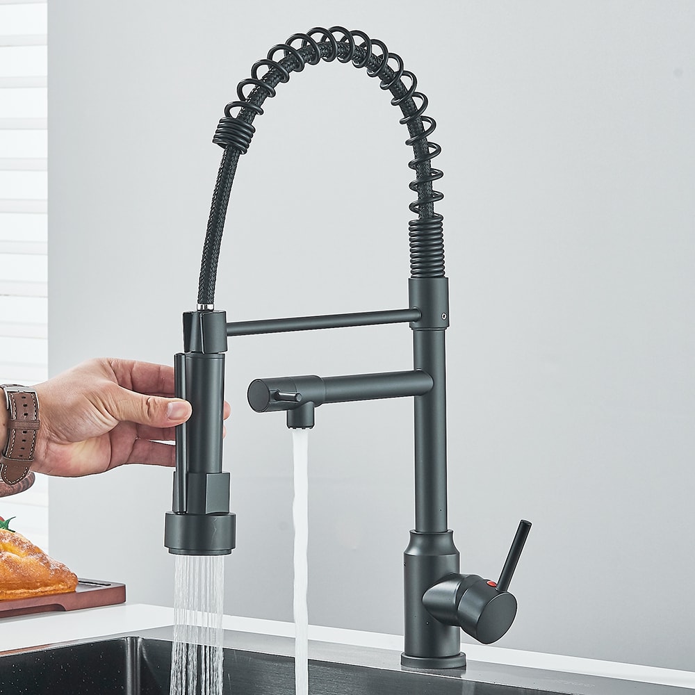 Dual Spout Pull Down Kitchen Faucet With Spring Neck And Single Handle 2