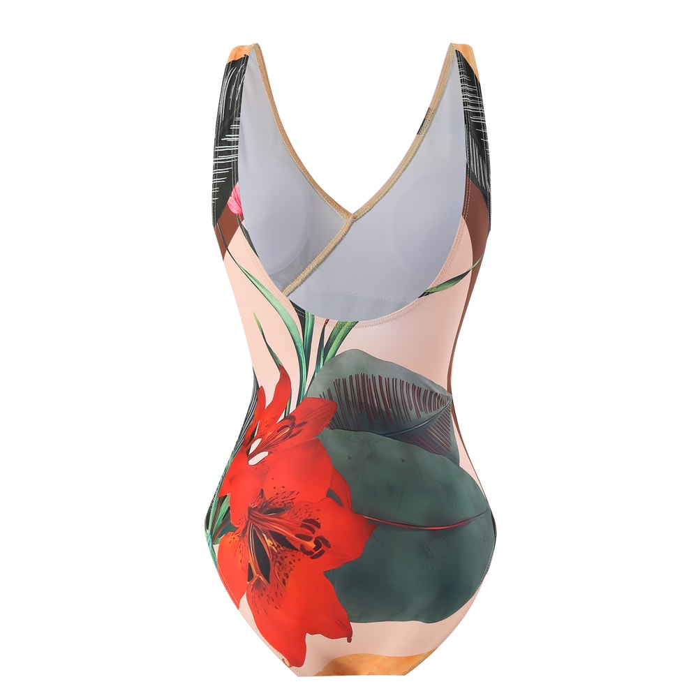 Retro Floral One Piece Swimsuit With Cover Up Skirt For Beach Vacation 0