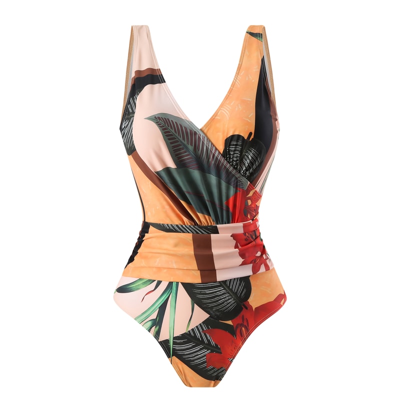 Retro Floral One Piece Swimsuit With Cover Up Skirt For Beach Vacation 1