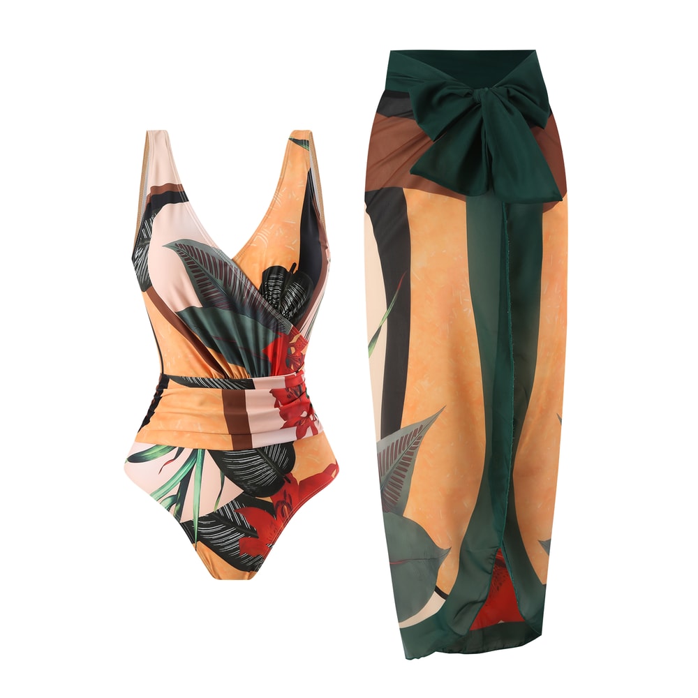 Retro Floral One Piece Swimsuit With Cover Up Skirt For Beach Vacation 4