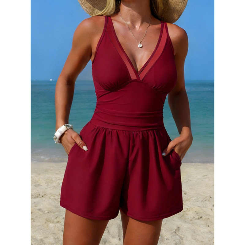 Tummy Control Swim Romper With Pockets Mesh One Piece Swimsuit 1