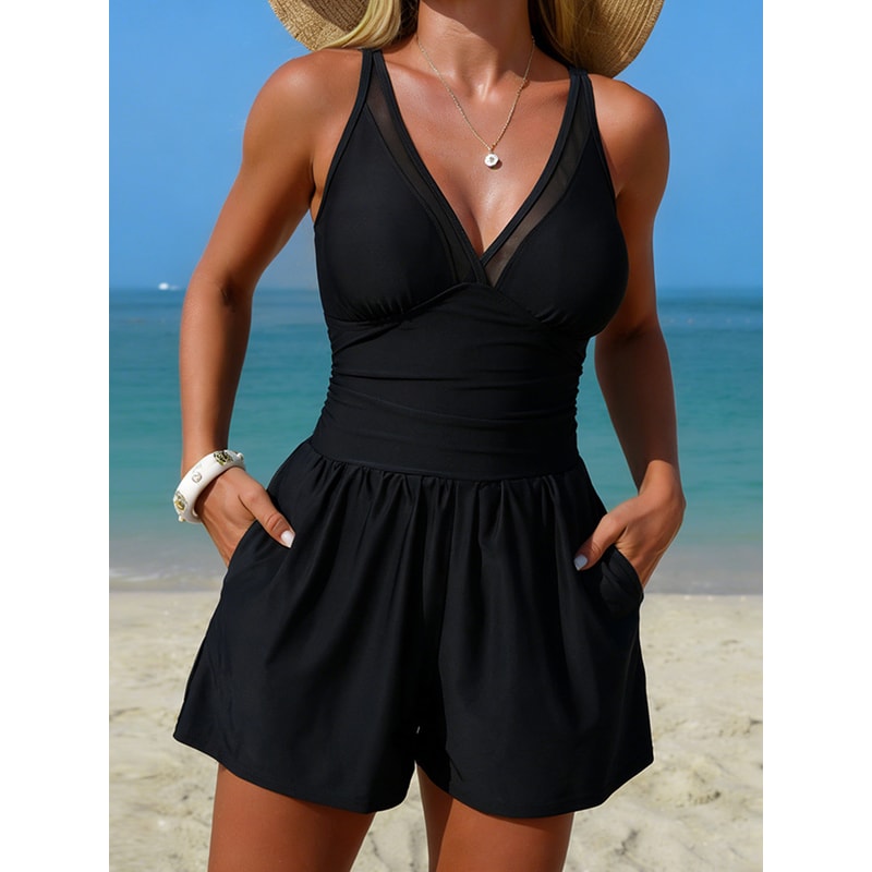 Tummy Control Swim Romper With Pockets Mesh One Piece Swimsuit 4