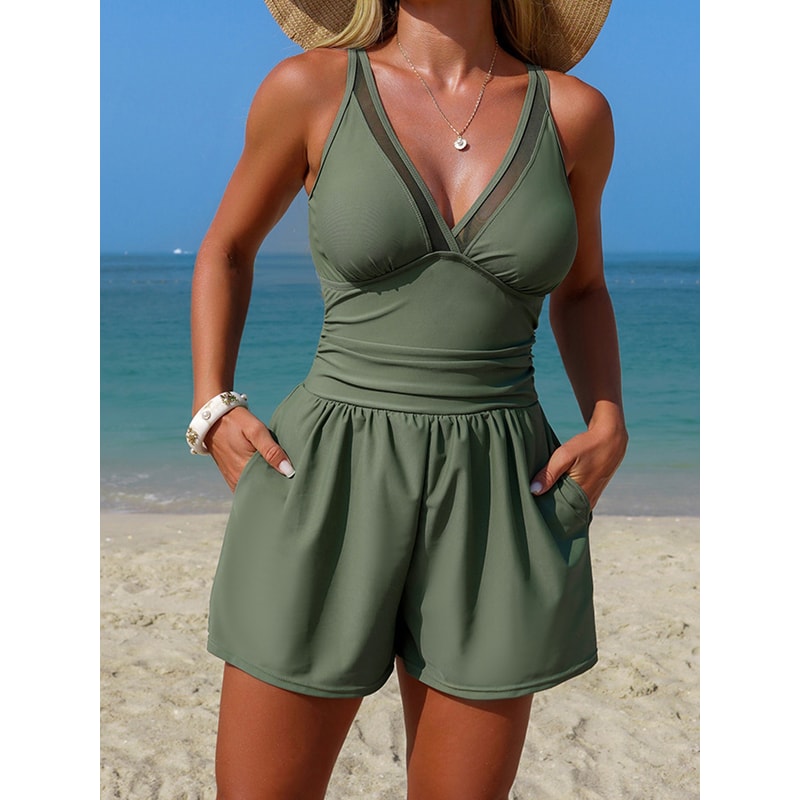 Tummy Control Swim Romper With Pockets Mesh One Piece Swimsuit 3