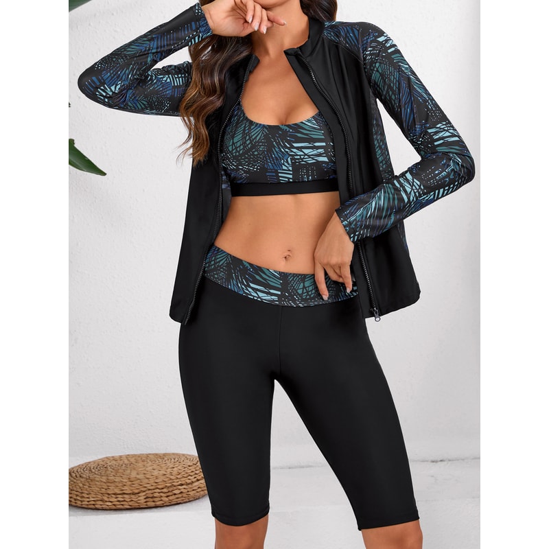 Tropical Piece Womens Rash Guard Set With Quick Dry Swim Shorts 2