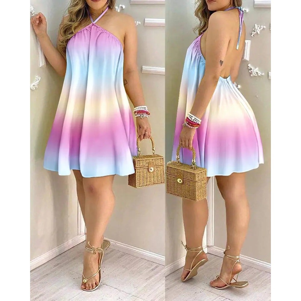 Floral Halter Neck Boho Summer Dress Backless Vacation Sundress 1