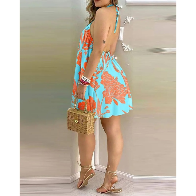 Floral Halter Neck Boho Summer Dress Backless Vacation Sundress 6