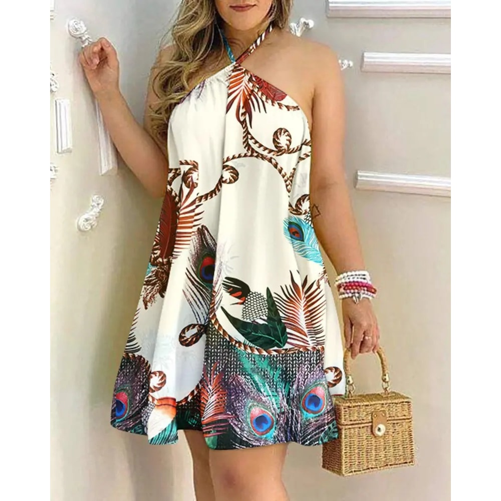 Floral Halter Neck Boho Summer Dress Backless Vacation Sundress 4