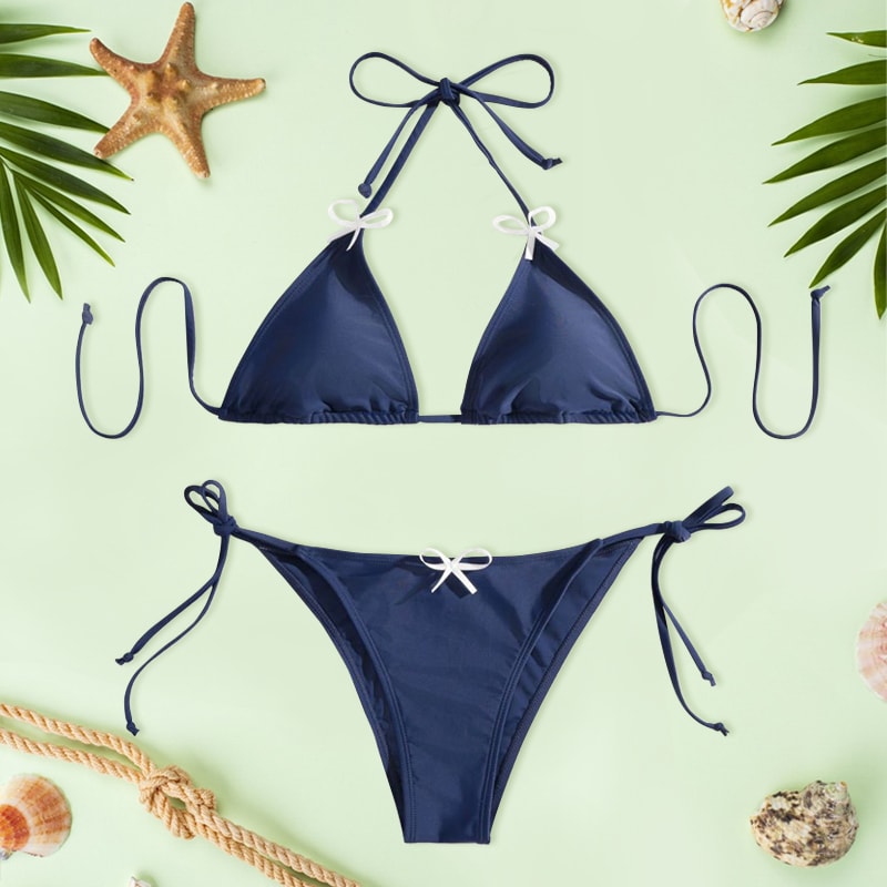 Solid Color Triangle Bikini Set Low Waist Bandage Swimwear 5