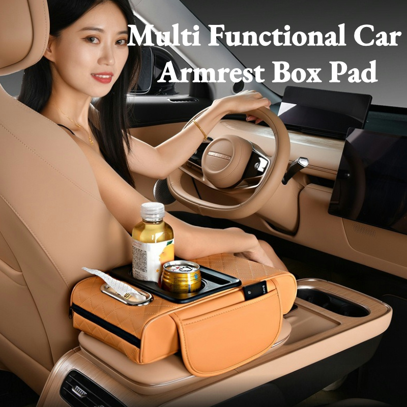 Car Armrest Cushion With Cup Holder And Side Storage Pockets 1