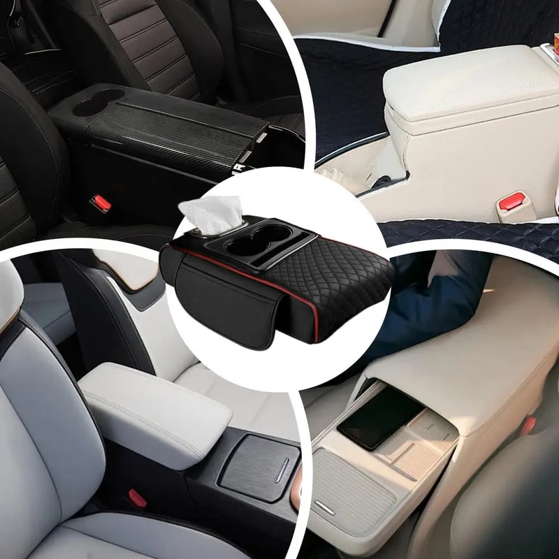 Car Armrest Cushion With Cup Holder And Side Storage Pockets 5