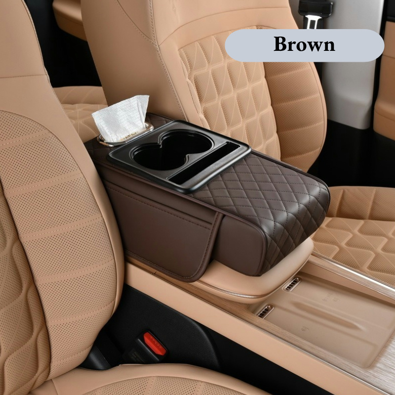 Car Armrest Cushion With Cup Holder And Side Storage Pockets 8