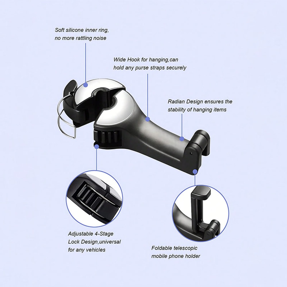 Car Seat Hook Phone Holder With Rotatable Headrest Bag Hanger 5