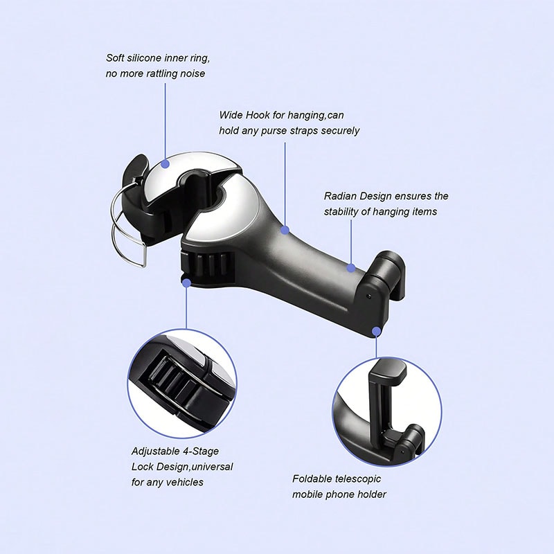 Car Seat Hook Phone Holder With Rotatable Headrest Bag Hanger 5