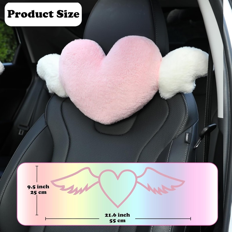 Pink Heart Car Headrest Pillow With Angel Wings Cute Neck Support Cushion 1