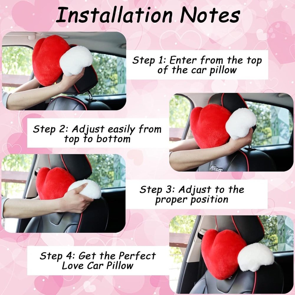Pink Heart Car Headrest Pillow With Angel Wings Cute Neck Support Cushion 2