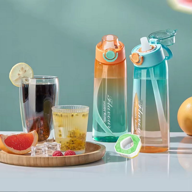 Flavored Water Bottle with Flavor Pods and Straw for Zero Sugar Hydration