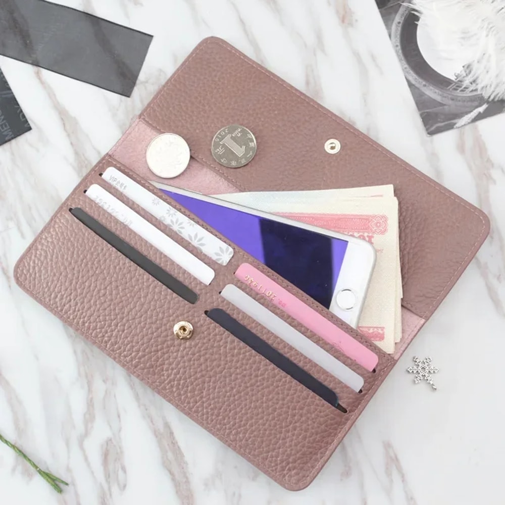 Genuine Leather Women's Long Wallet Multifunctional Cowhide Zipper Card Holder & Coin Purse