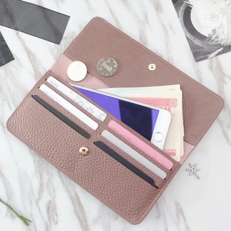 Genuine Leather Women's Long Wallet Multifunctional Cowhide Zipper Card Holder & Coin Purse