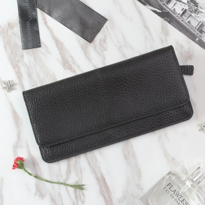Genuine Leather Women's Long Wallet Multifunctional Cowhide Zipper Card Holder & Coin Purse