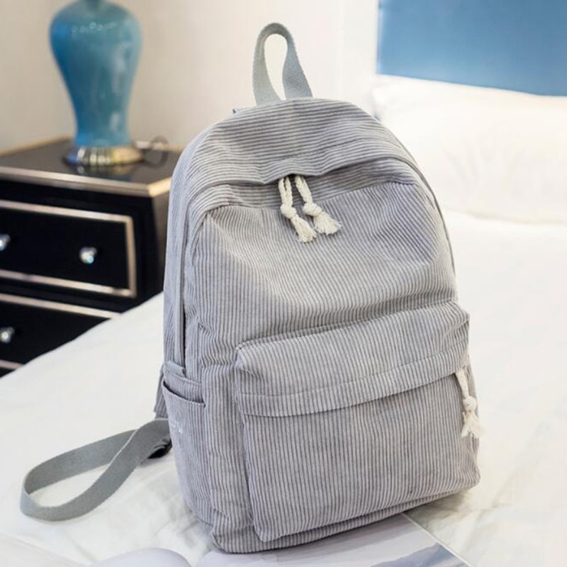 Corduroy School Backpack For Teenage Girls Trendy Striped Rucksack Travel Shoulder Bag 2