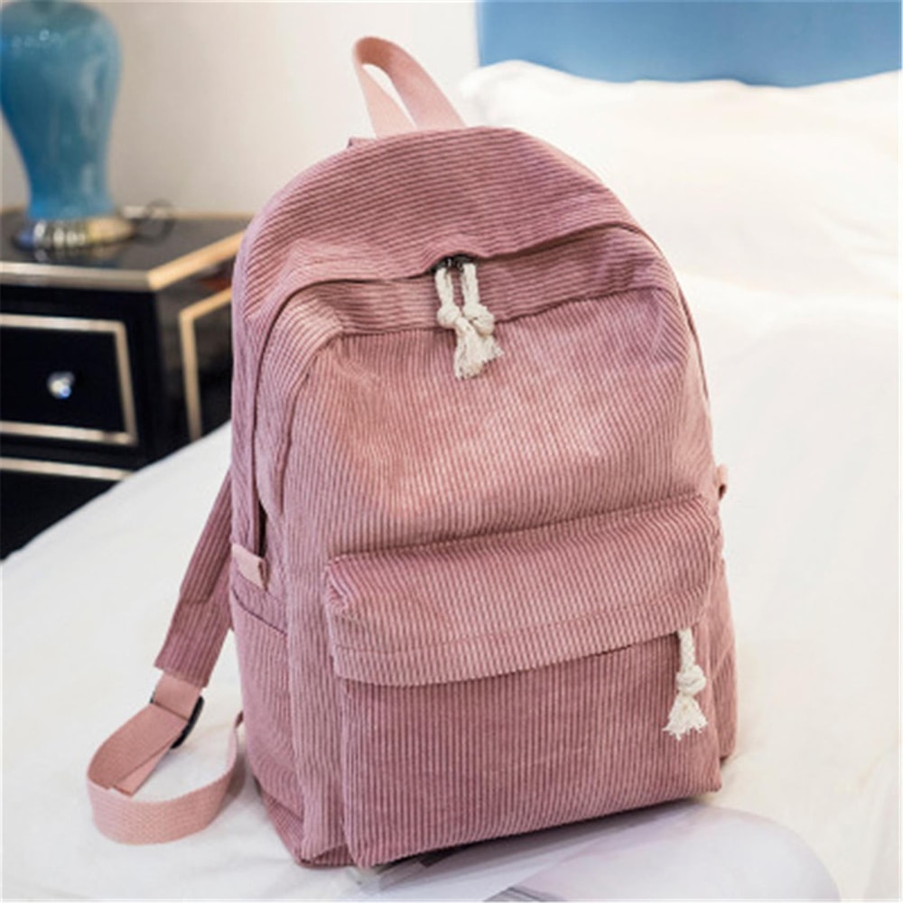 Corduroy School Backpack For Teenage Girls Trendy Striped Rucksack Travel Shoulder Bag 3