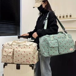 large capacity casual strawberry print duffel bag with multiple compartments ideal for travel gym and everyday use