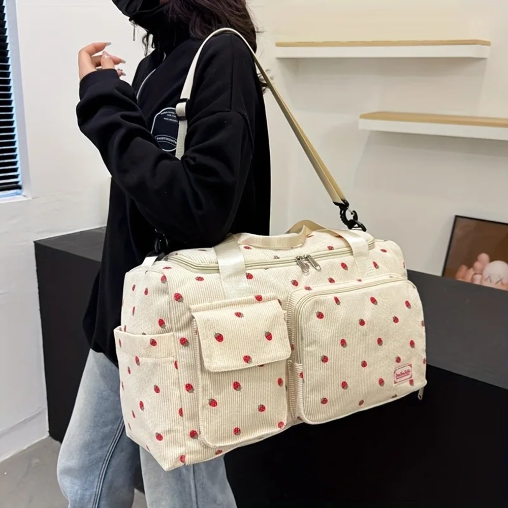 Large Capacity Casual Strawberry Print Duffel Bag with Multiple Compartments Ideal for Travel Gym and Everyday Use
