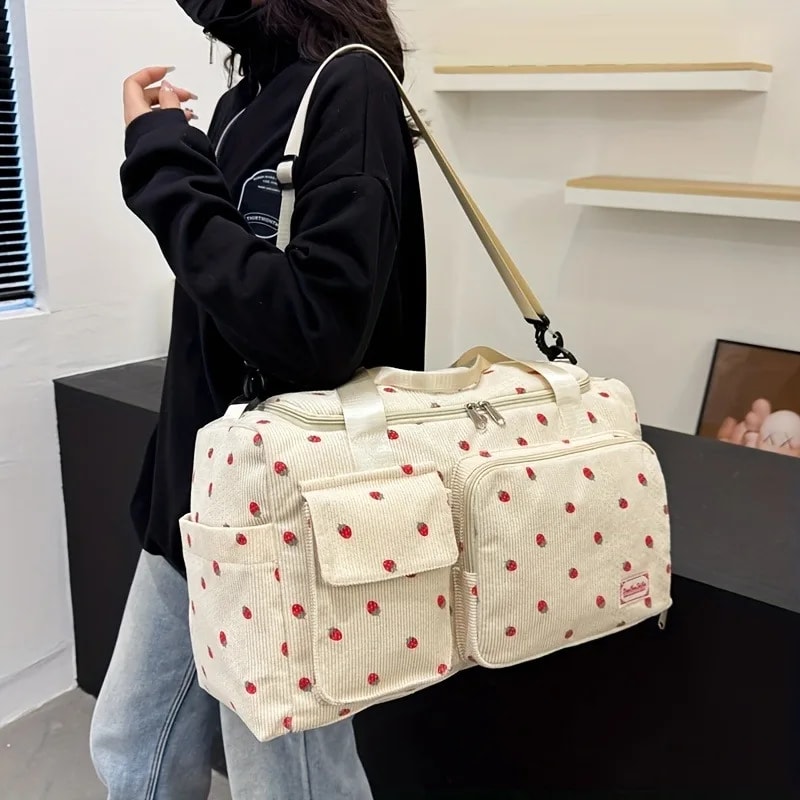 Large Capacity Casual Strawberry Print Duffel Bag with Multiple Compartments Ideal for Travel Gym and Everyday Use