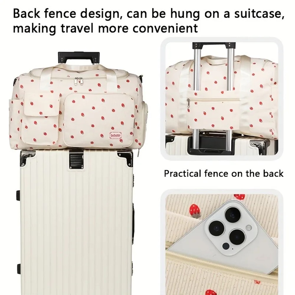 Large Capacity Casual Strawberry Print Duffel Bag with Multiple Compartments Ideal for Travel Gym and Everyday Use